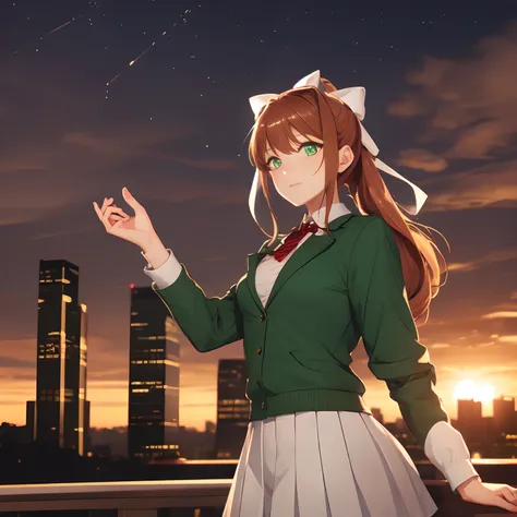 ((masterpiece), (high quality)), monika, ddlc, coral brown hair, big white bow, emerald green eyes, high ponytail, t-shirt, gree...