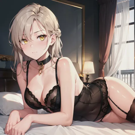 1girl,medium breasts,hotel room,(8k),scratches,detailed face,grey-blond hair,yellow eyes,medium hair,embarassed,shy,high_res, high_definition,sexy pose,black sexy lingerie,full body,