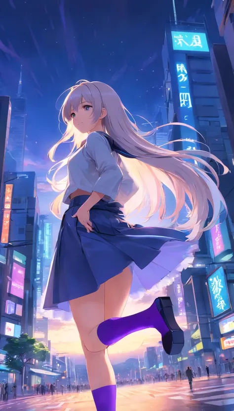 best qualtiy， tmasterpiece， 超高分辨率， realisticlying， 1 girl，（long  white hair），Heterochromic pupils，（ssmile）（Leather full skirt set），Purple stockings，high-heels，Neon Square，wide angles