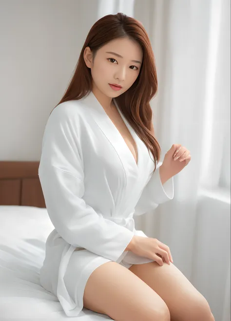 araffed asian woman in white robe sitting on a bed, (big breasts), (cleavage), wearing a simple robe, gorgeous young woman, wearing white robe, beautiful young woman, wearing a white robe, wearing simple robes, wearing white robe, wearing long white robe, ...