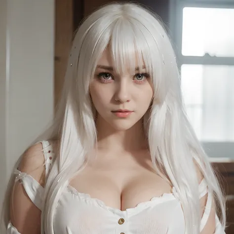 long layered white hair, cute red eyes, pretty face, cute face, thicc