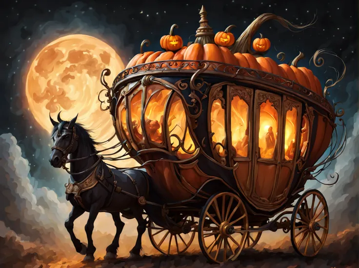 (epic digital drawing), low angle shot of a big flying upwards (elegant carriage in the shape of a menacing pumpkin:1.2) with undead unicorns, starry moonlit night, thunderstorm, lightnings