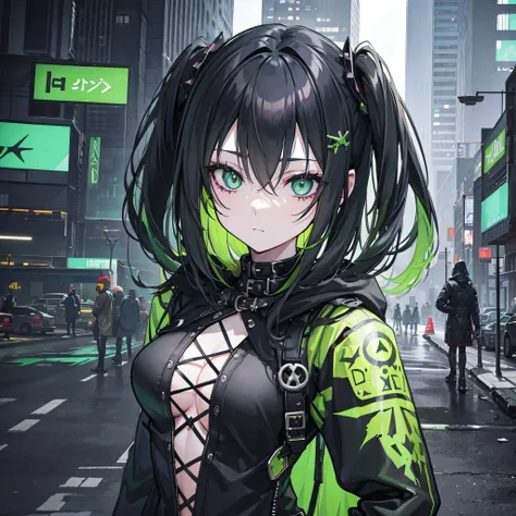 A goth girl in a TOXIC city, Tu hoja de personaje es un lienzo para infinitas posibilidades y expresiones siniestras, por el verde, ojos verdes, Entorno Cyberpunk, detalles, proporciones perfectas, ambiente toxico