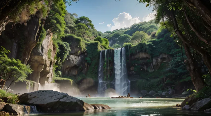 Chinese ancient times, spring, jungle, lake, cave, waterfall, tree, meadow, rock, deer, hot spring, water vapor, epic composition, realistic lighting, HD details, masterpiece, best quality, (very detailed )