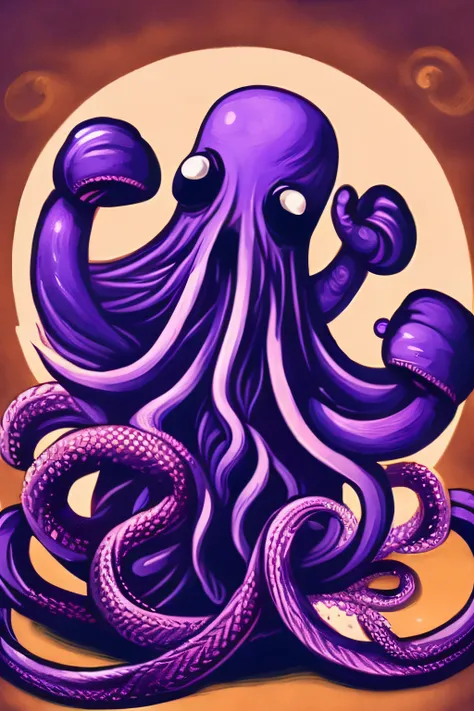 Illustration of a purple octopus wearing boxing gloves on its tentacles and a chefs hat on its head