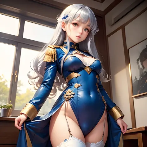 Silvery curly hair、hime-cut、Girl with golden eyes、View of the crotch from below、flat chest、Thin pubic hair、Beautiful open legs、blue military uniform