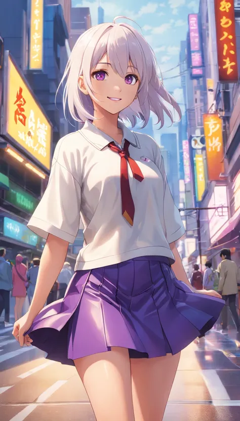 (best quality,4k,8k,highres,masterpiece:1.2),ultra-detailed,(realistic,photorealistic,photo-realistic:1.37),1 girl,long white hair,Heterochromic pupils,smile,Leather full skirt set,Purple stockings,high-heels,Neon Square,wide angles