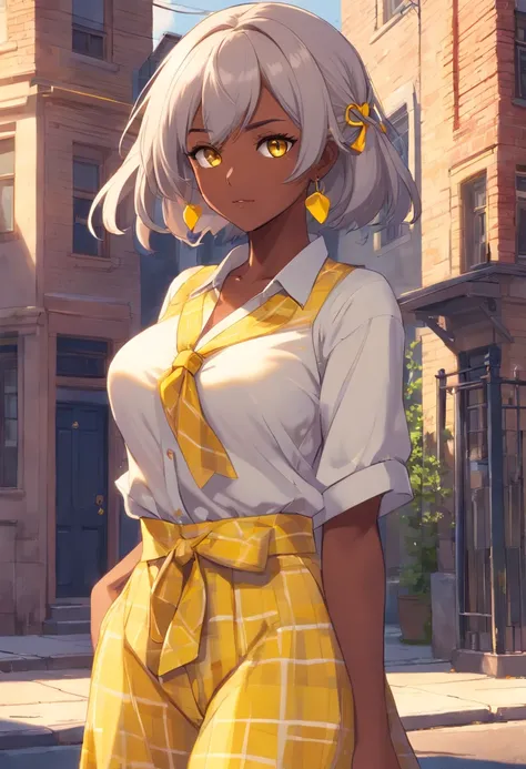 Dark-skinned Arab girl with yellow eyes, large breasts, strong, athletic, fit, great abs, white hair tied with a yellow ribbon. Wears yellow plaid shirt tied, lots of gold jewelry and navel piercing. She is standing in front of a Victorian greystone row ho...