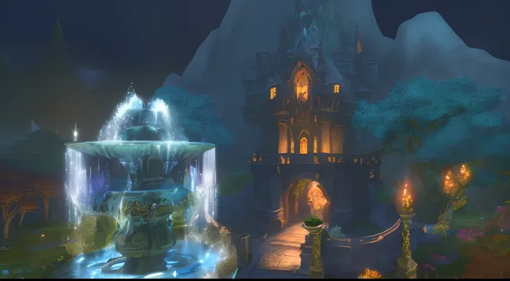 ((masterpiece)), (8k, high_resolution), (best quality), ultra-detailed, beautiful plants and trees, detailed forest,there is a castle with a fountain in the middle of a forest, lothlorien at night, stunning arcanum backdrop, world of warcraft screenshot, s...