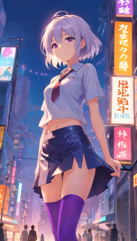 best qualtiy， tmasterpiece， 超高分辨率， realisticlying， 1 girl，（long  white hair），Heterochromic pupils，（ssmile）（Skinny leather top，Leather hip skirt），Purple stockings，Neon Square，wide angles