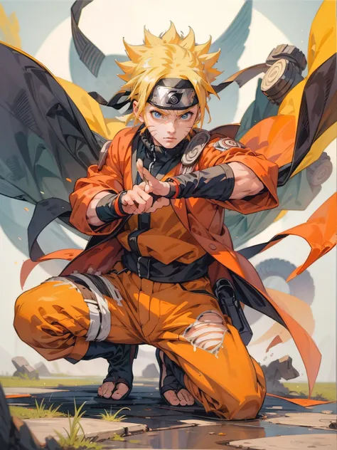 1man, solo, (masterpiece), best quality, ultra-detailed, naruto, retro style, full body. fashion cloth, fancy. ninja,