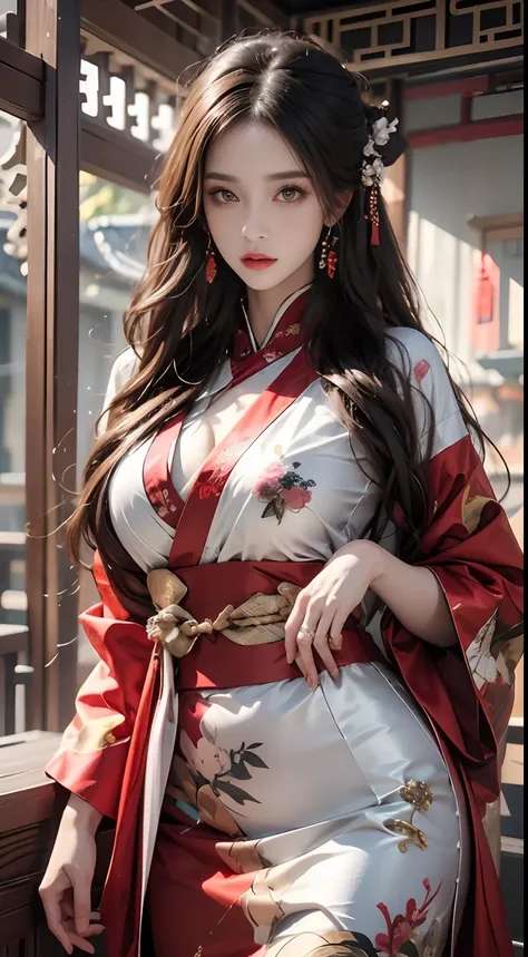 Photorealistic, High resolution, 1 woman, hips up high, Beautiful eyes, Long hair, Ringed Eyes, Jewelry, The tattoo, Hanfu, chinese fairy, Taoist uniform、kimono