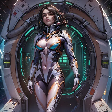 caolho,(Armadura feminina humana）Aeronave de traje de combate espacial naval ,Capacete de vidro simples，,(space backdrop，Dynamic Stance，waving at the camera:1.5)， com linhas limpas，compacto，Slim geral，Conforma-se com a curva de uma pessoa，cor profunda，Ther...