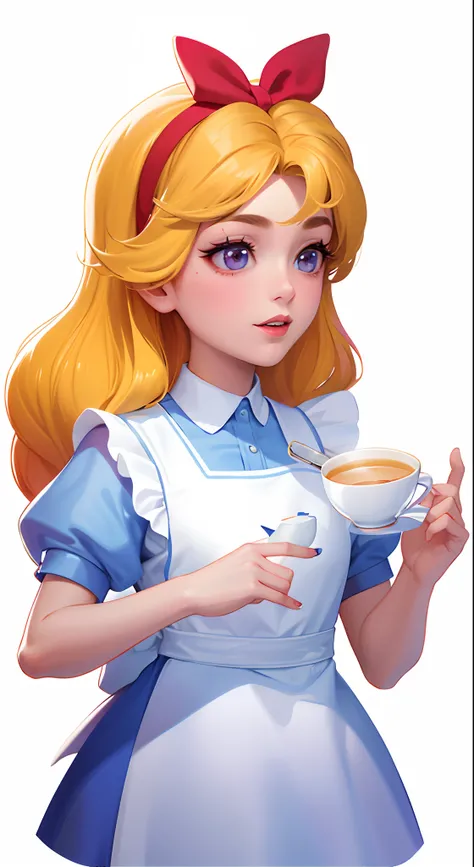 Cartoon image of a woman holding a cup of coffee, alice from alice in wonder land, portrait of alice in wonderland, render of april, Alice attends a crazy tea party, commission for high resolution, Alice, highly detailed character, official character art, ...