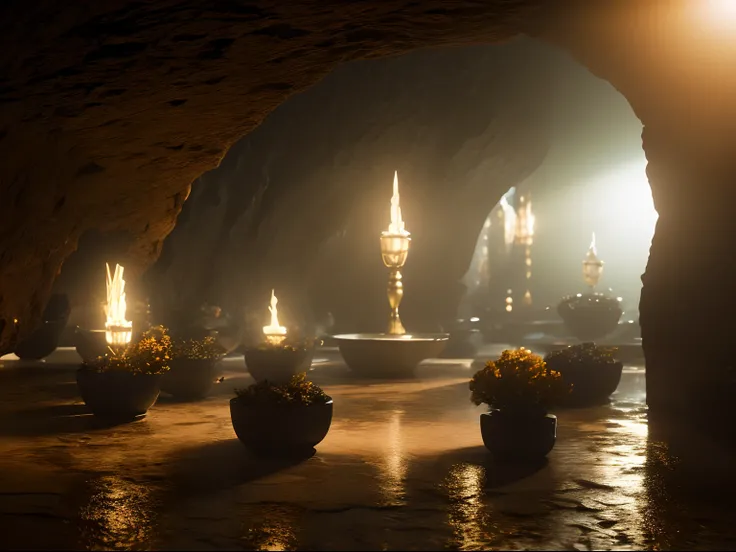 ( Masterpiece) create an image of a network of underground caves made of candlelights forming a flower, atic, Color Grading, portrait Photography, Ultra - Wide Angle, Depth of Field, hyper - detailed, beautifully color - coded, insane details, intricate de...