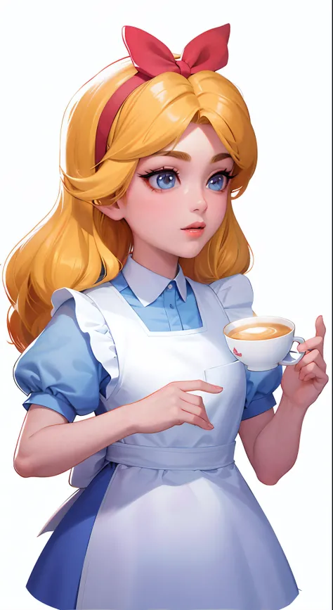 Cartoon image of a woman holding a cup of coffee, alice from alice in wonder land, portrait of alice in wonderland, render of april, Alice attends a crazy tea party, commission for high resolution, Alice, highly detailed character, official character art, ...