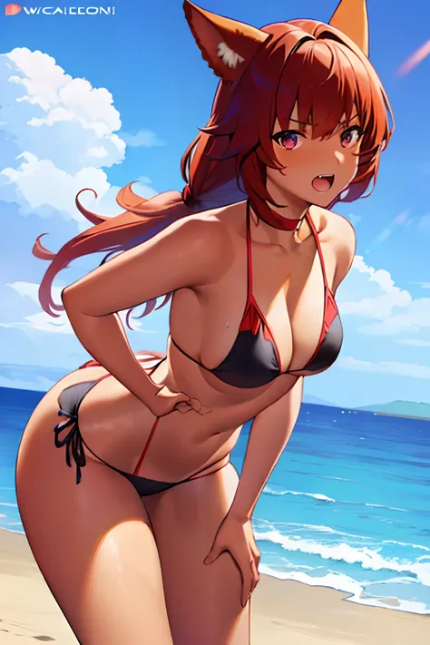 Yshtola, dark red hair, dreadlocks, long hair, cat ears, 1girl, masterpiece, best quality, bikini,  micro bikini, beach, (wardrobe malfunction:1.5), (untied bikini:1.2), surprised, wide-eyed, open mouth, nsfw, hand on breast,