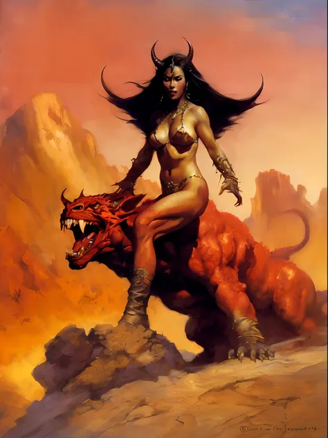 Painting of a woman riding a red dragon in a desert, Estilo Boris Vallejo, Frank Frazetta pintura de estilo, Franz Frazetta, Boris Vallejo Artstyle, Boris Vallejo e Ilya Kuvshinov, Marcos Brooks Frank Frazetta, demon woman, Frazetta, Estilo de Boris Vallej...