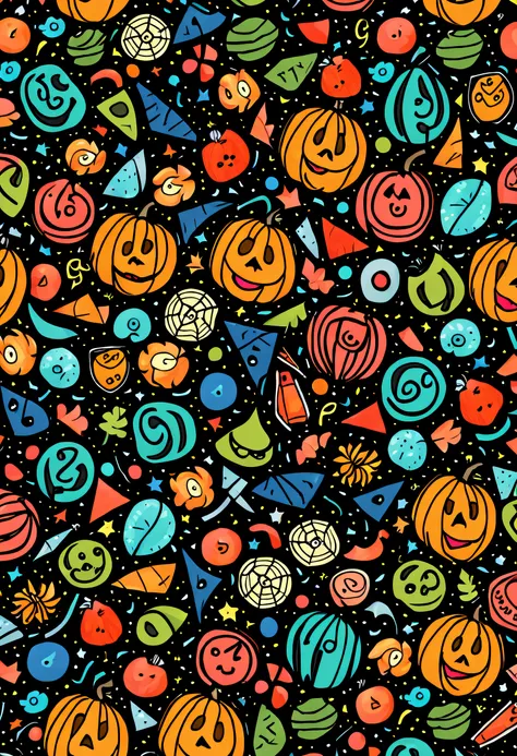 Doodle-shapes Halloween pumpkins black background cartoon doodles full black Wallpaper