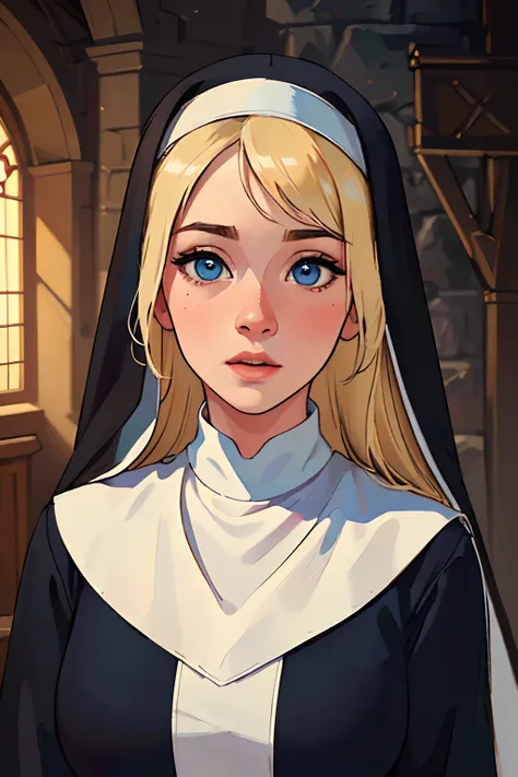 (best quality,4k,8k,highres,masterpiece:1.2), ultra-detailed, (realistic,photorealistic,photo-realistic:1.37), beautiful blonde nun, attractive and cute, rosy cheeks, fair skin, nuns sexy attire sexy, medieval, medieval church, sexy, portraits, soft lighti...