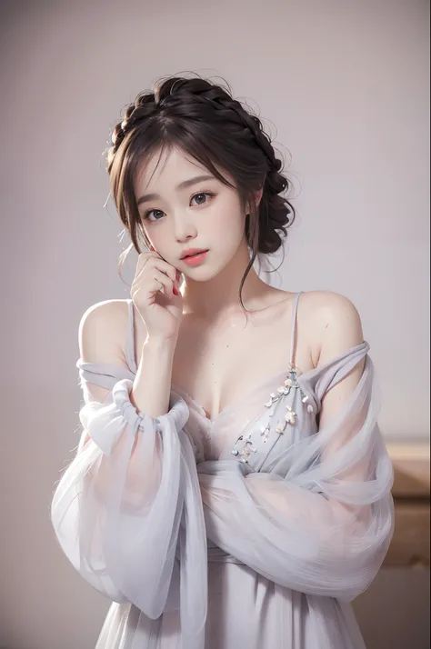 best qualtiy， tmasterpiece， 超高分辨率， realisticlying， 1girll， bshoulders， ssmile， Oversized_Sweater， gentlesoftlighting， Delicate skin， brown  hair，(Beautiful breasts)，(Close both eyes:1.2)，