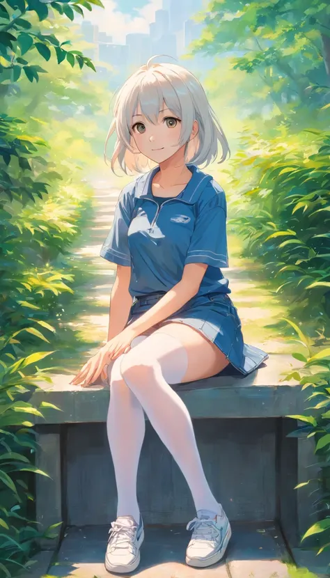 best qualtiy， tmasterpiece， 超高分辨率， realisticlying， 1 girl，（long  white hair），Heterochromic pupils，（ssmile）（Denim skirt），White stockings，athletic sneakers，Park swing，wide angles