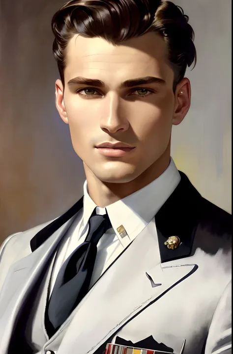 A portrait of a handsome Hugo Boss male model in 1940s, beautiful painting with highly detailed face by Alphonse Mucha and greg rutkowski and magali villanueve, (the most beautiful portrait in the world:1.5)