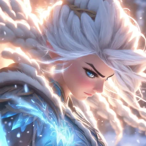 A majestic scene unfolds in the frozen tundra of the Freljord, showcasing Ashe, the Iceborn Warmother of the Avarosan tribe. She stands tall and resolute, her True Ice bow gleaming in the ethereal light. The winds whip through her flowing white hair, as he...