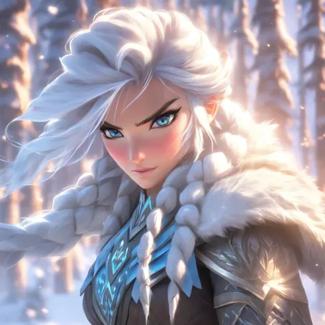 A majestic scene unfolds in the frozen tundra of the Freljord, showcasing Ashe, the Iceborn Warmother of the Avarosan tribe. She stands tall and resolute, her True Ice bow gleaming in the ethereal light. The winds whip through her flowing white hair, as he...