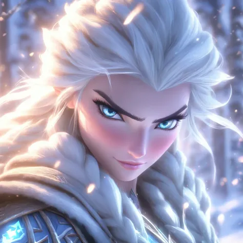 A majestic scene unfolds in the frozen tundra of the Freljord, showcasing Ashe, the Iceborn Warmother of the Avarosan tribe. She stands tall and resolute, her True Ice bow gleaming in the ethereal light. The winds whip through her flowing white hair, as he...