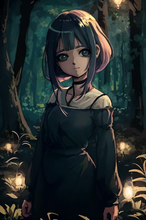 Menina anime em uma floresta com lanternas e uma lanterna, Garota Anime usando um vestido preto, retrato bonito do anime, menina anime retrato, Anime Art Wallpaper 8K, estilo anime 4K, Digital anime illustration, Anime Art Wallpaper 4K, Anime Art Wallpaper...