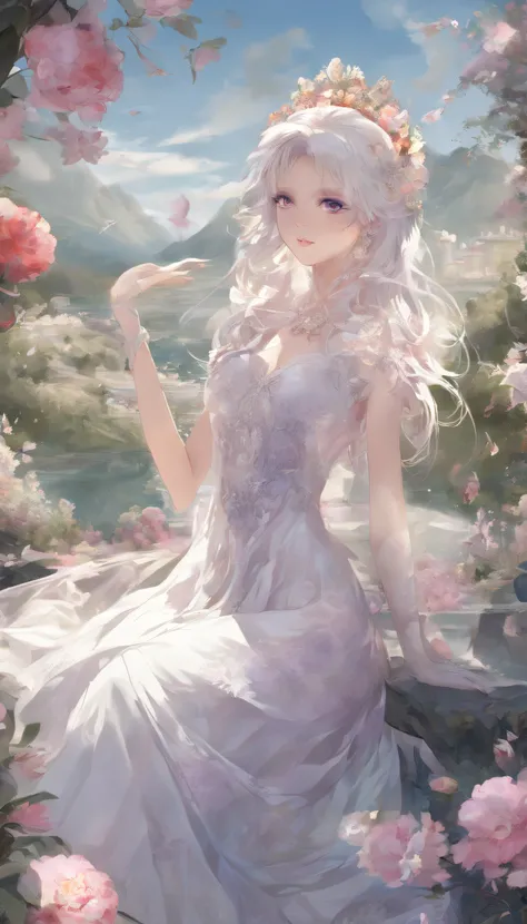 (best quality,4k,8k,highres,masterpiece:1.2), ultra-detailed, (realistic,photorealistic,photo-realistic:1.37), 1 girl, long white hair, Heterochromic pupils, Long legs, Princess set, head looking up, cheerfulness, Purple stockings, chies, stately, wide ang...