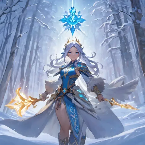 A majestic scene unfolds in the frozen tundra of the Freljord, showcasing Ashe, the Iceborn Warmother of the Avarosan tribe. She stands tall and resolute, her True Ice bow gleaming in the ethereal light. The winds whip through her flowing white hair, as he...