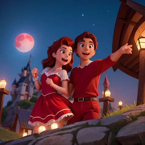 two couple under the moonlight, night, dancing, disney movie poster, at the top of the mountain, with red moon