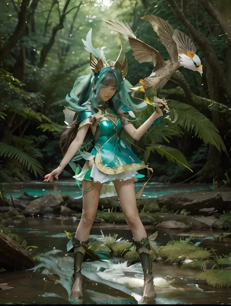 a close up of a person holding a bird near a body of water, fey queen of the summer forest, ayaka game genshin impact, alluring elf princess knight, elf girl, fantasy outfit, ayaka genshin impact, forest hunter lady, full body xianxia, seraphine ahri kda, ...