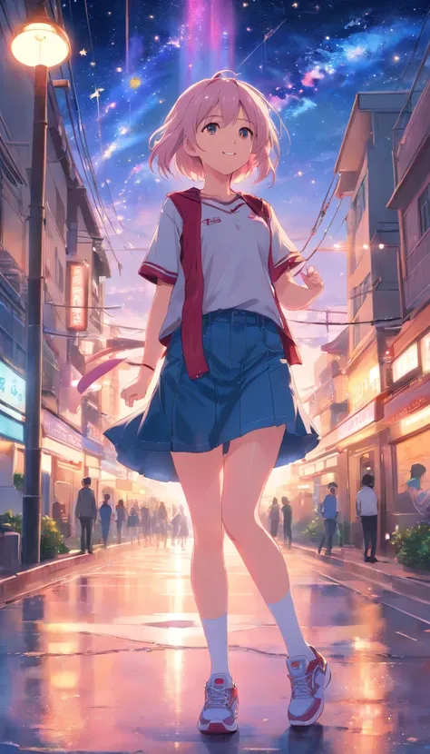 best qualtiy， tmasterpiece， 超高分辨率， realisticlying， 1 girl，（long  white hair），Heterochromic pupils，（ssmile）（Denim skirt）， Pink stockings，athletic sneakers，Fantastic starry sky，Park swing，wide angles