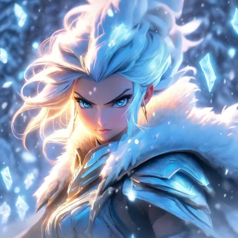 A captivating digital illustration portrays Ashe, the Iceborn Warmother of the Freljord, emerging from a blizzard. Rendered in a surrealist art style, the image combines elements of realism and dreamlike aesthetics. As she strides forward, her True Ice bow...