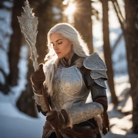 In a hyper-detailed photograph, Ashe, the Iceborn Warmother of the Freljord, stands atop a frozen waterfall, gazing into the distance with determination. The scene is bathed in the warm glow of the setting sun, casting long shadows on the icy terrain. Ever...