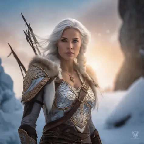 In a hyper-detailed photograph, Ashe, the Iceborn Warmother of the Freljord, stands atop a frozen waterfall, gazing into the distance with determination. The scene is bathed in the warm glow of the setting sun, casting long shadows on the icy terrain. Ever...