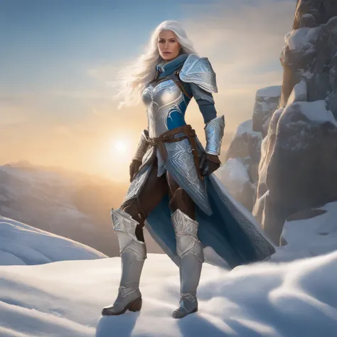 In a hyper-detailed photograph, Ashe, the Iceborn Warmother of the Freljord, stands atop a frozen waterfall, gazing into the distance with determination. The scene is bathed in the warm glow of the setting sun, casting long shadows on the icy terrain. Ever...