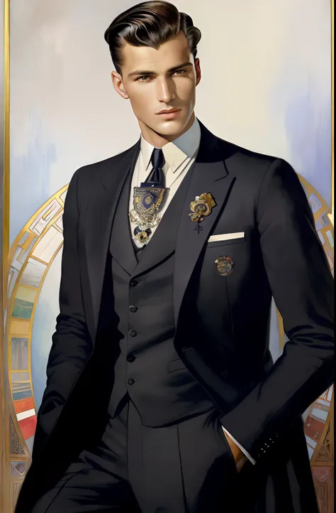 A portrait of a handsome Hugo Boss male model in 1940s, beautiful painting with highly detailed face by Alphonse Mucha and greg rutkowski and magali villanueve, (the most beautiful portrait in the world:1.5)