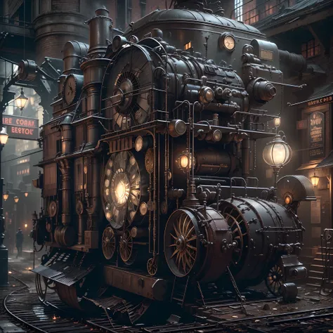 (Best quality,4K,8K,A high resolution,Masterpiece:1.2),Ultra-detailed,(Realistic,Photorealistic,photo-realistic:1.37),Steam punk,Black and white film,Another world,Dream-like,sci fi  movie, Detailed gears, victorian age, dark alley, towering skyscrapers, I...