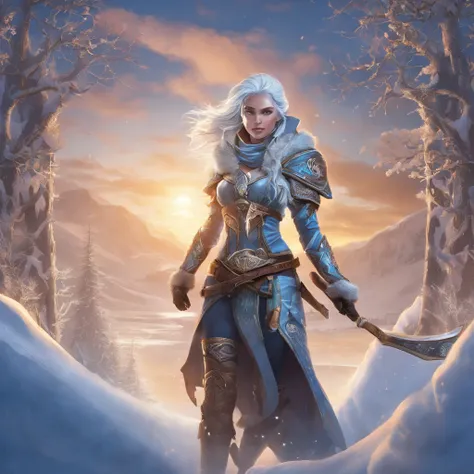 In a hyper-detailed photograph, Ashe, the Iceborn Warmother of the Freljord, stands atop a frozen waterfall, gazing into the distance with determination. The scene is bathed in the warm glow of the setting sun, casting long shadows on the icy terrain. Ever...