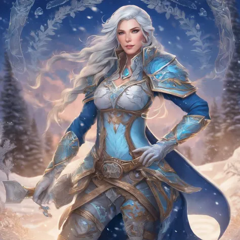 In a hyper-detailed photograph, Ashe, the Iceborn Warmother of the Freljord, stands atop a frozen waterfall, gazing into the distance with determination. The scene is bathed in the warm glow of the setting sun, casting long shadows on the icy terrain. Ever...