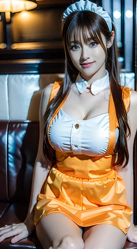 There is a woman sitting on a bench in a restaurant, Anna Millers uniform、Spread legs,Show white panties,thin waist、large boob、Sexy ponytail、A sexy、Girl to La(Girl and La)(Girl and La)(Girl and La)(Girl and La), Ayaka Cosplay, white and orange breastplate,...