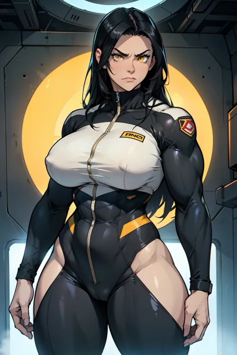 (1girl muscular toned body bodybuilder curvy wide hips thick thighs huge tits) black hair yellow eyes very long hair pale skin angry curvy pilot suit