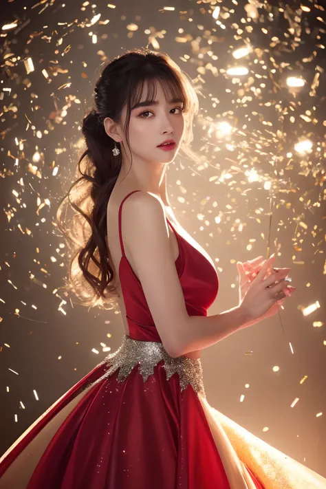 finest image, beautiful woman, sexy red satin long evening dress with wide open sides, black evening gloves, luxurious accessories, iridescent light brown braided bangs ponytail, sparkling big eyes, red alluring moist big thick lips, very small breasts, sl...