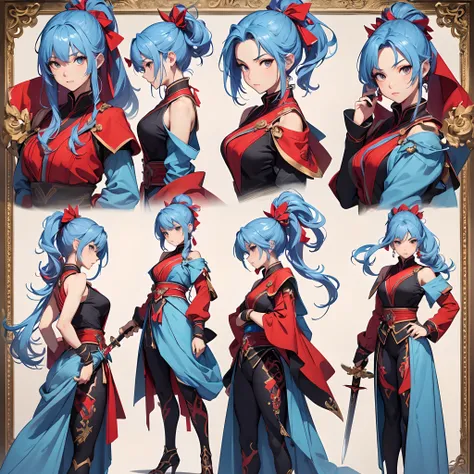 ((Masterpiece, Highest quality)), Detailed face, CharacterDesignSheet, full body, Full of details, Multiple poses and expressions, Highly detailed, Depth, Many parts，Martial arts girl，blue and red，holds a sword，ponytail，estilo fantasia，Surrounded by flames...