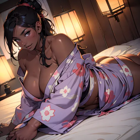 there is 1woman that lying on bed,(on_ stomach),(((A MILF: 1.4))), (Curvy:1.35),(((Dark skin))),Curvy physique,, Thick body，(Completely naked), pinching ass under yukata,((opened yukata)),pubic hair,sakimichan, model in Japan，((Sexual suggestiveness)),