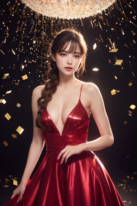 finest image, beautiful woman, sexy red satin long evening dress with wide open sides, black evening gloves, luxurious accessories, iridescent light brown braided bangs ponytail, sparkling big eyes, red alluring moist big thick lips, very small breasts, sl...